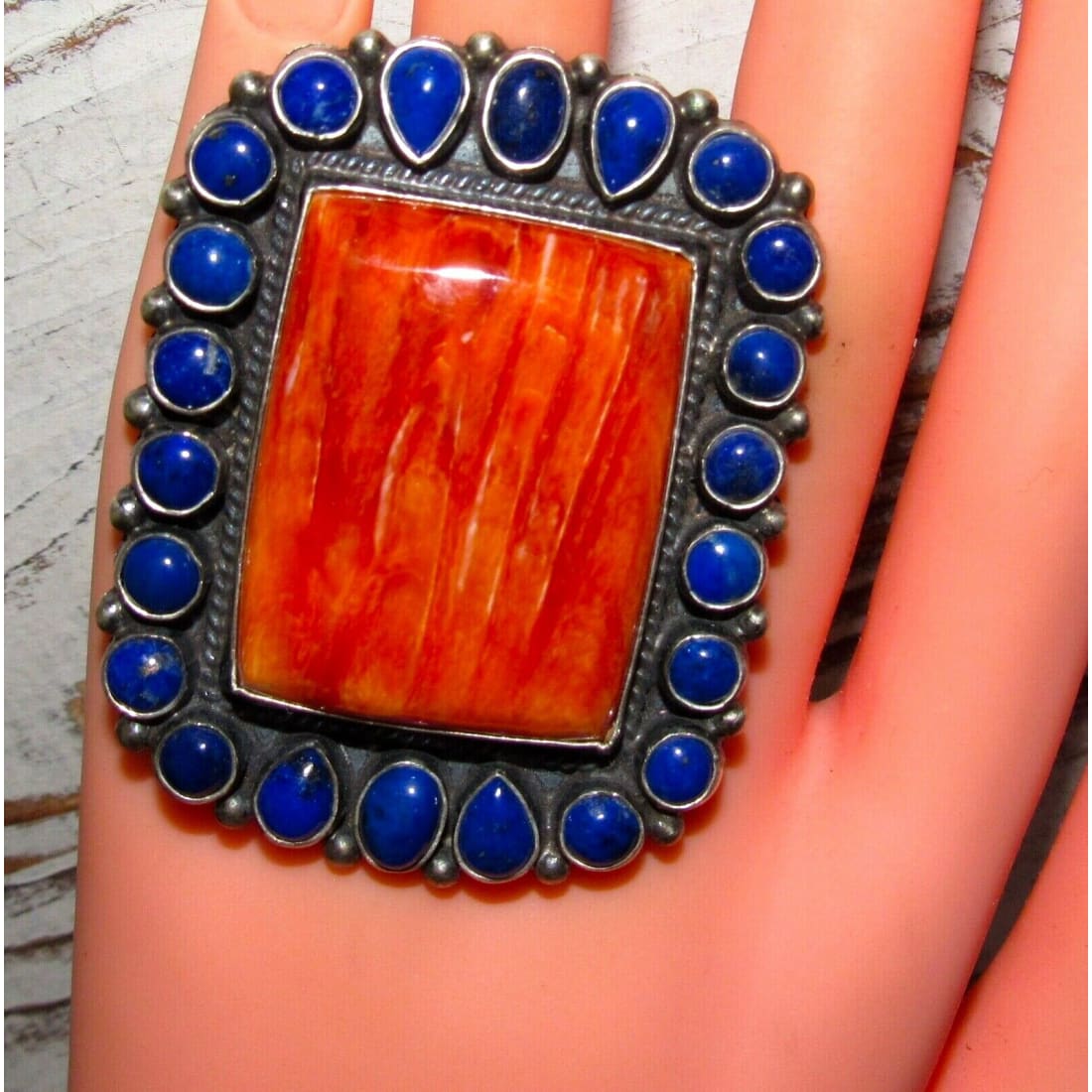 Massive Navajo Orange Spiny & Lapis Cluster Ring Sz 9 