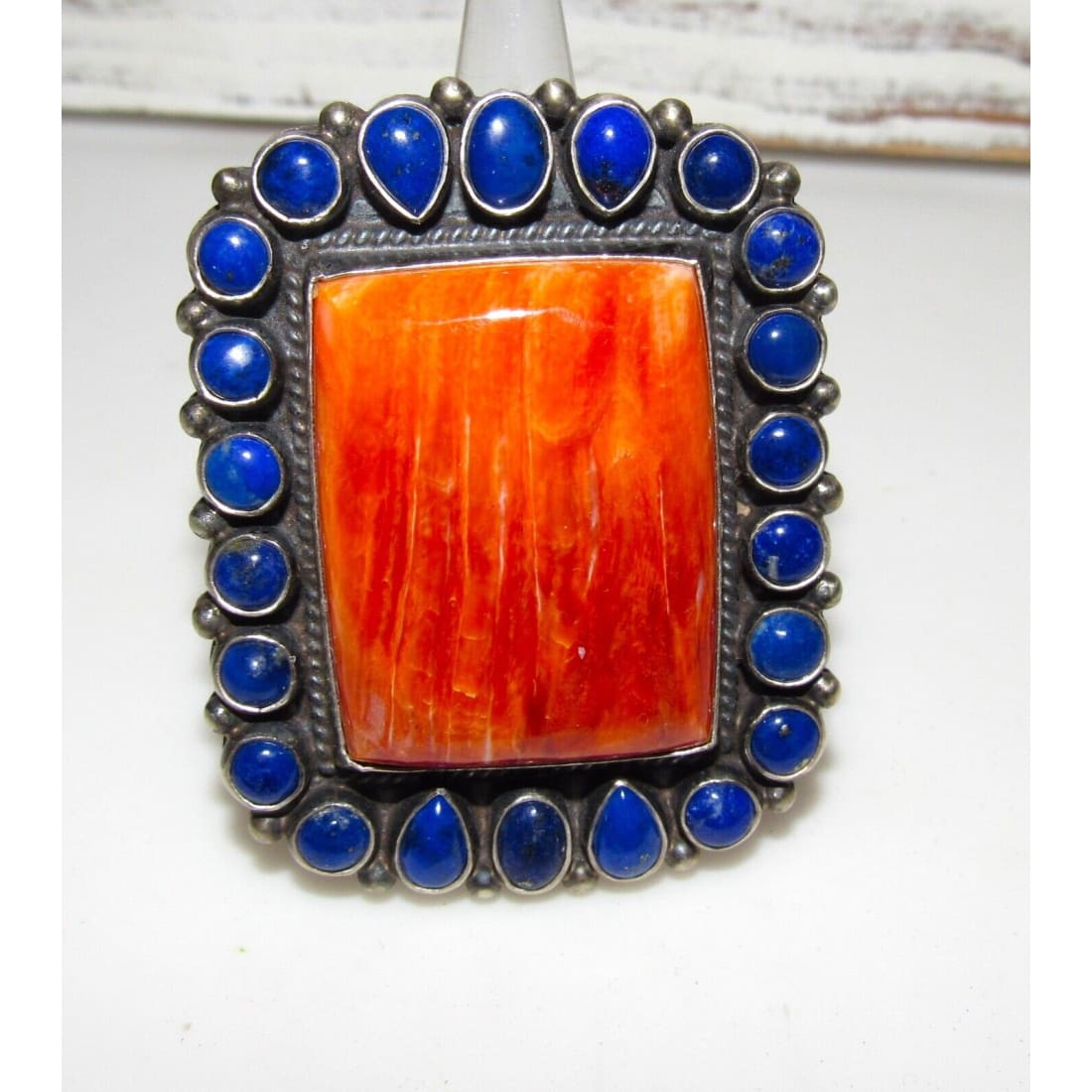 Massive Navajo Orange Spiny & Lapis Cluster Ring Sz 9 