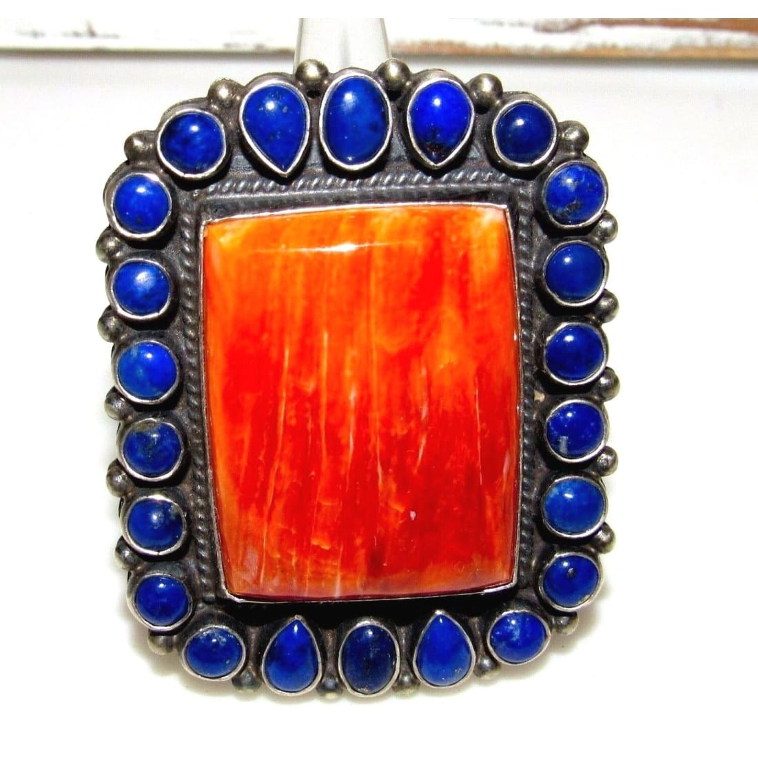 Massive Navajo Orange Spiny & Lapis Cluster Ring Sz 9 