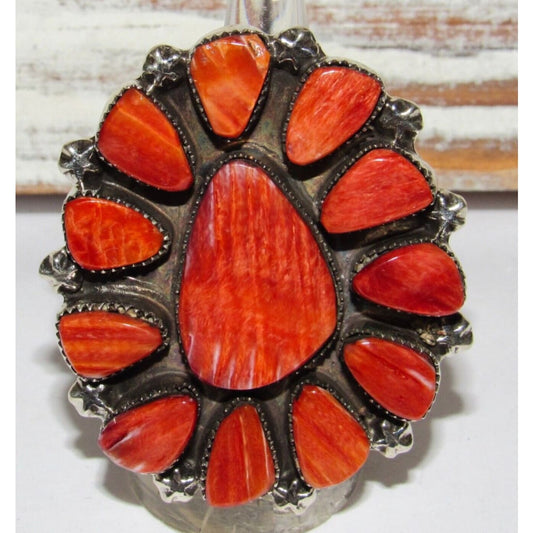 Massive Navajo Red Orange Spiny Oyster Cluster Ring Sz 8 