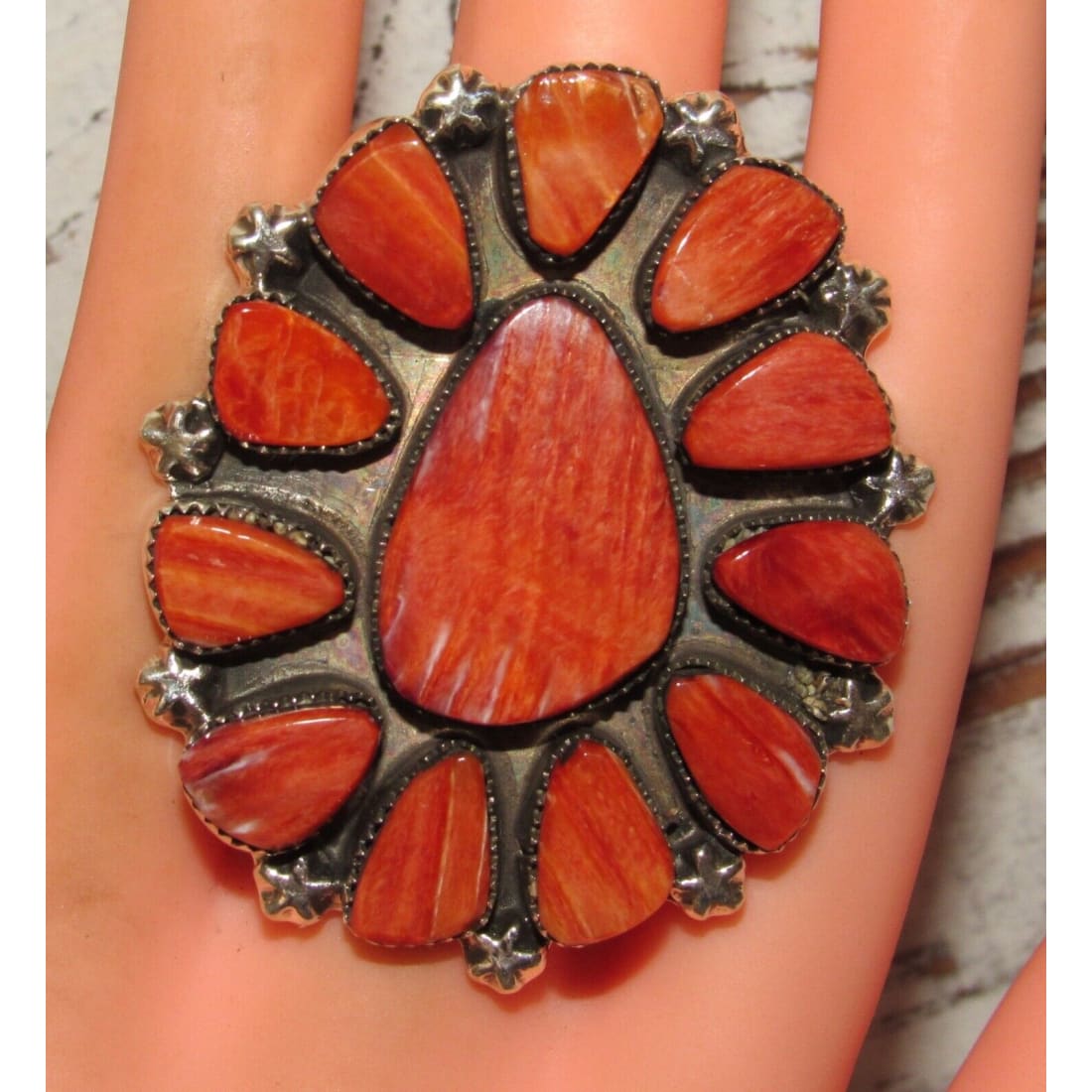 Massive Navajo Red Orange Spiny Oyster Cluster Ring Sz 8 