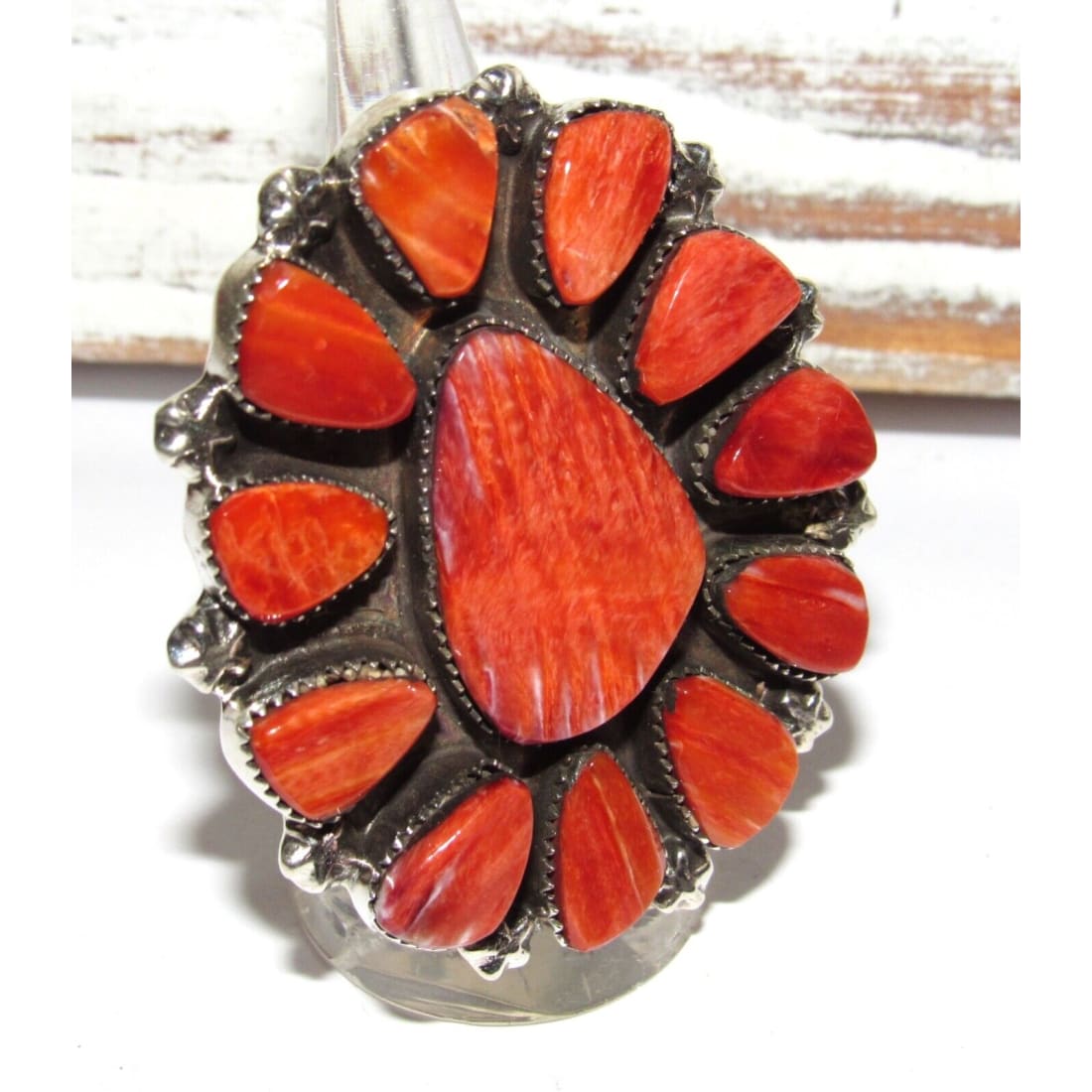 Massive Navajo Red Orange Spiny Oyster Cluster Ring Sz 8 