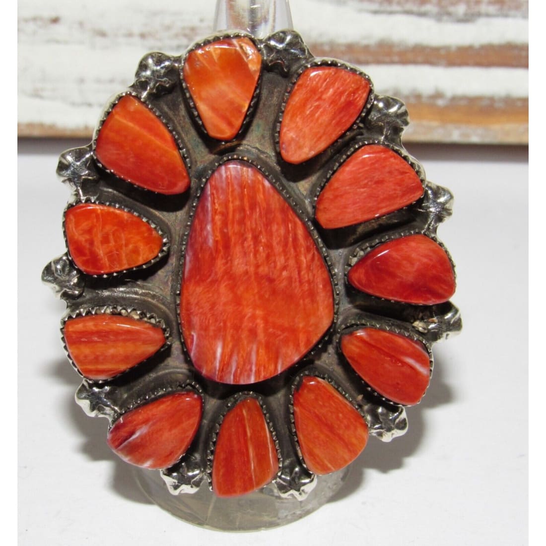 Massive Navajo Red Orange Spiny Oyster Cluster Ring Sz 8 
