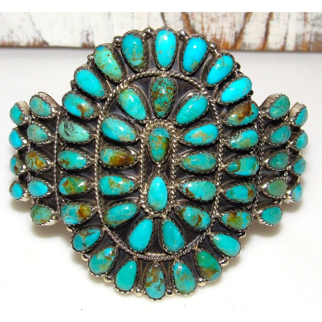 Massive Navajo Turquoise Cluster Cuff Bracelet Sterling 