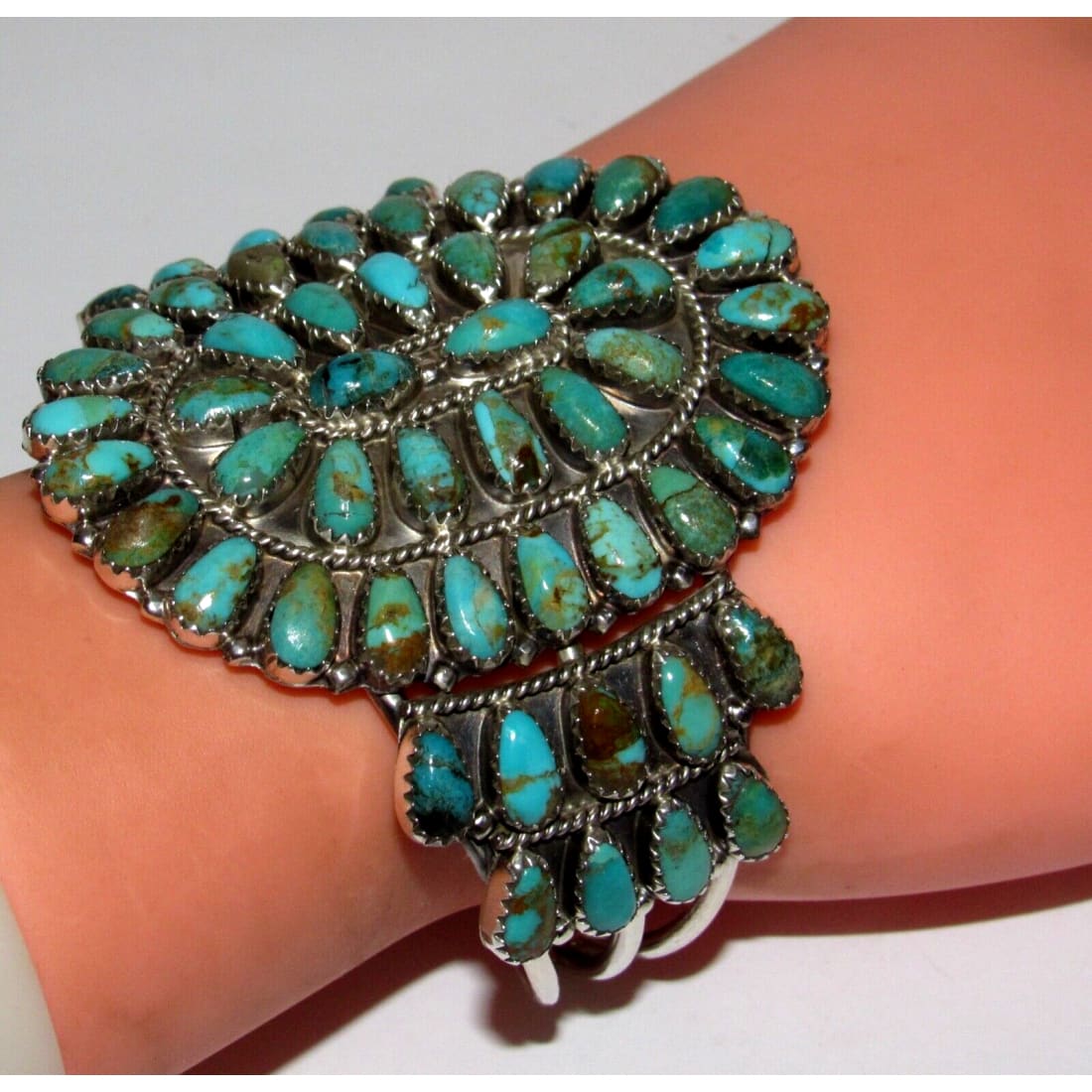 Massive Navajo Turquoise Cluster Cuff Bracelet Sterling 