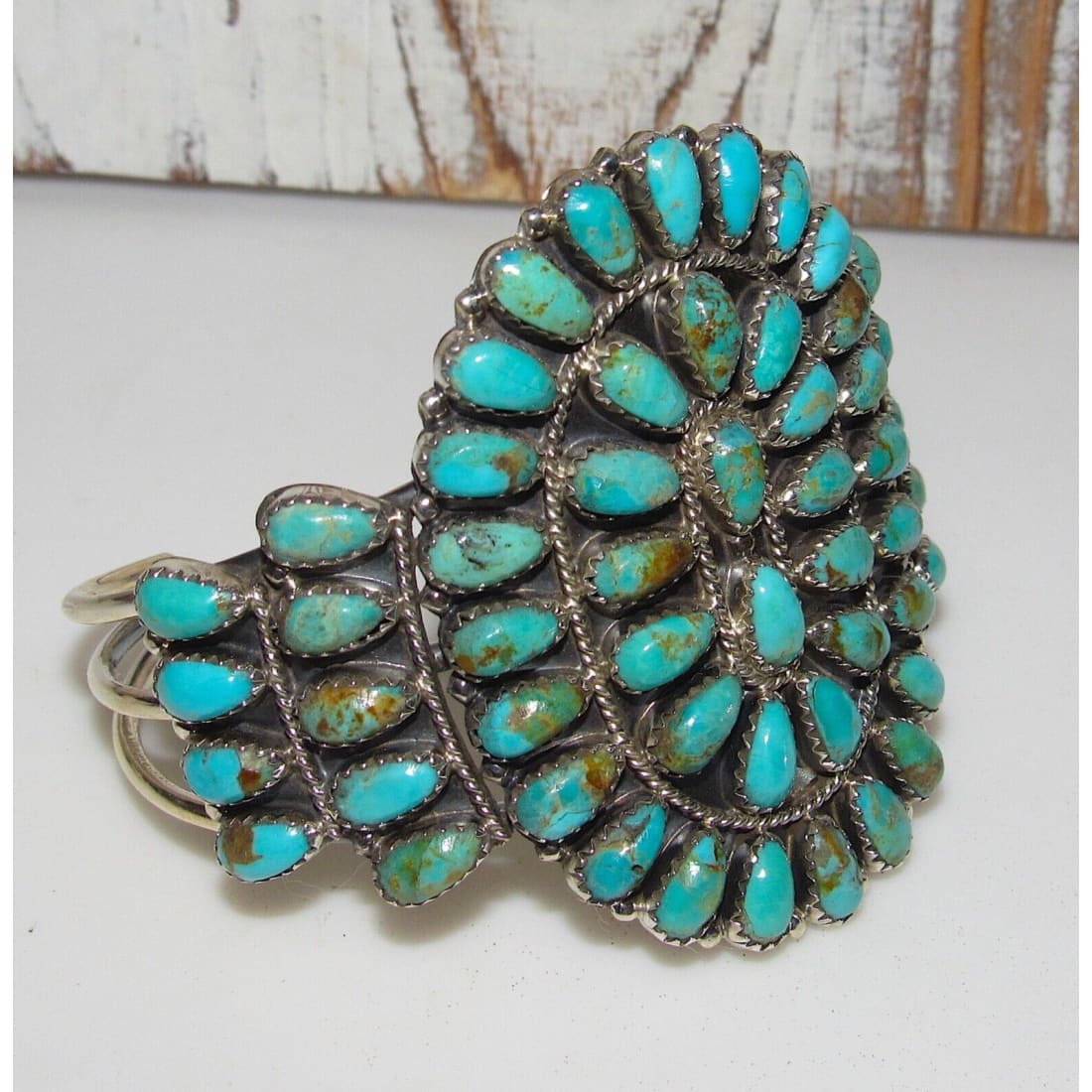 Massive Navajo Turquoise Cluster Cuff Bracelet Sterling 