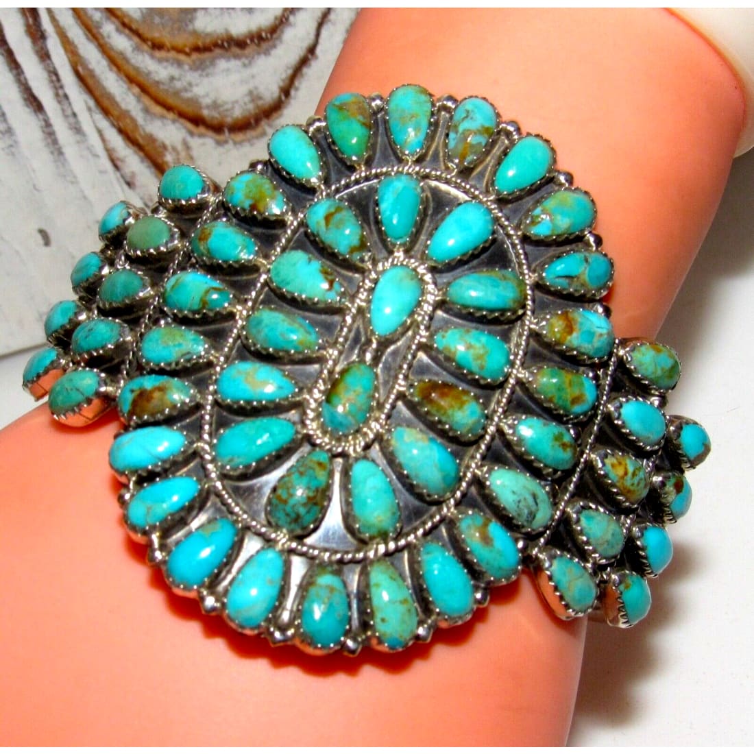 Massive Navajo Turquoise Cluster Cuff Bracelet Sterling 