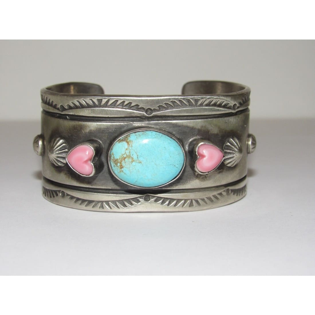 Massive Navajo Turquoise Pink Shell Heart Statement Cuff 