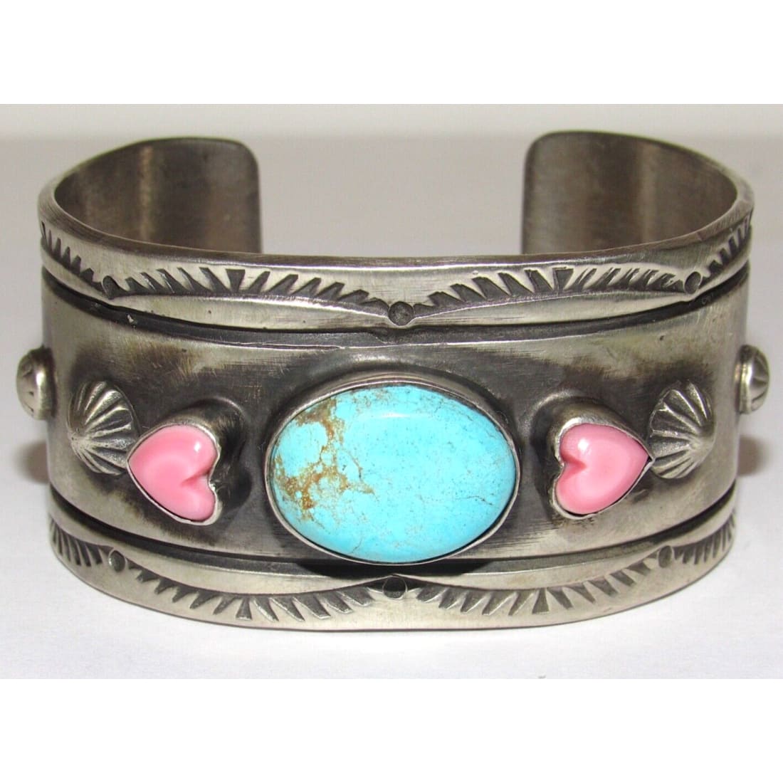 Massive Navajo Turquoise Pink Shell Heart Statement Cuff 