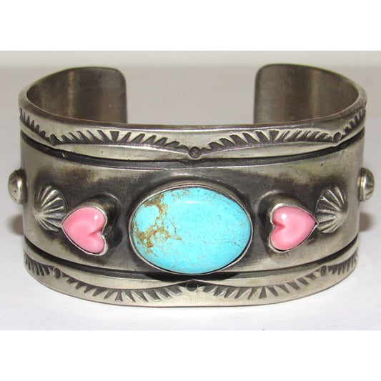 Massive Navajo Turquoise Pink Shell Heart Statement Cuff 