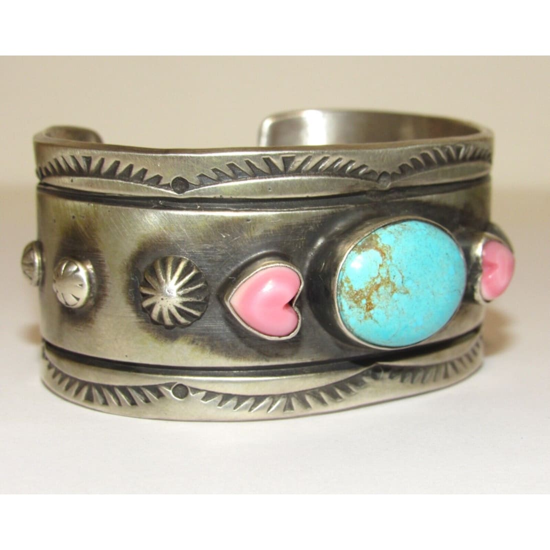 Massive Navajo Turquoise Pink Shell Heart Statement Cuff 