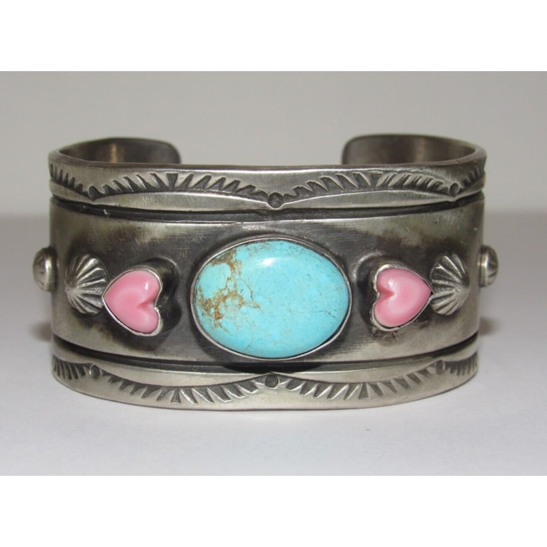 Massive Navajo Turquoise Pink Shell Heart Statement Cuff 