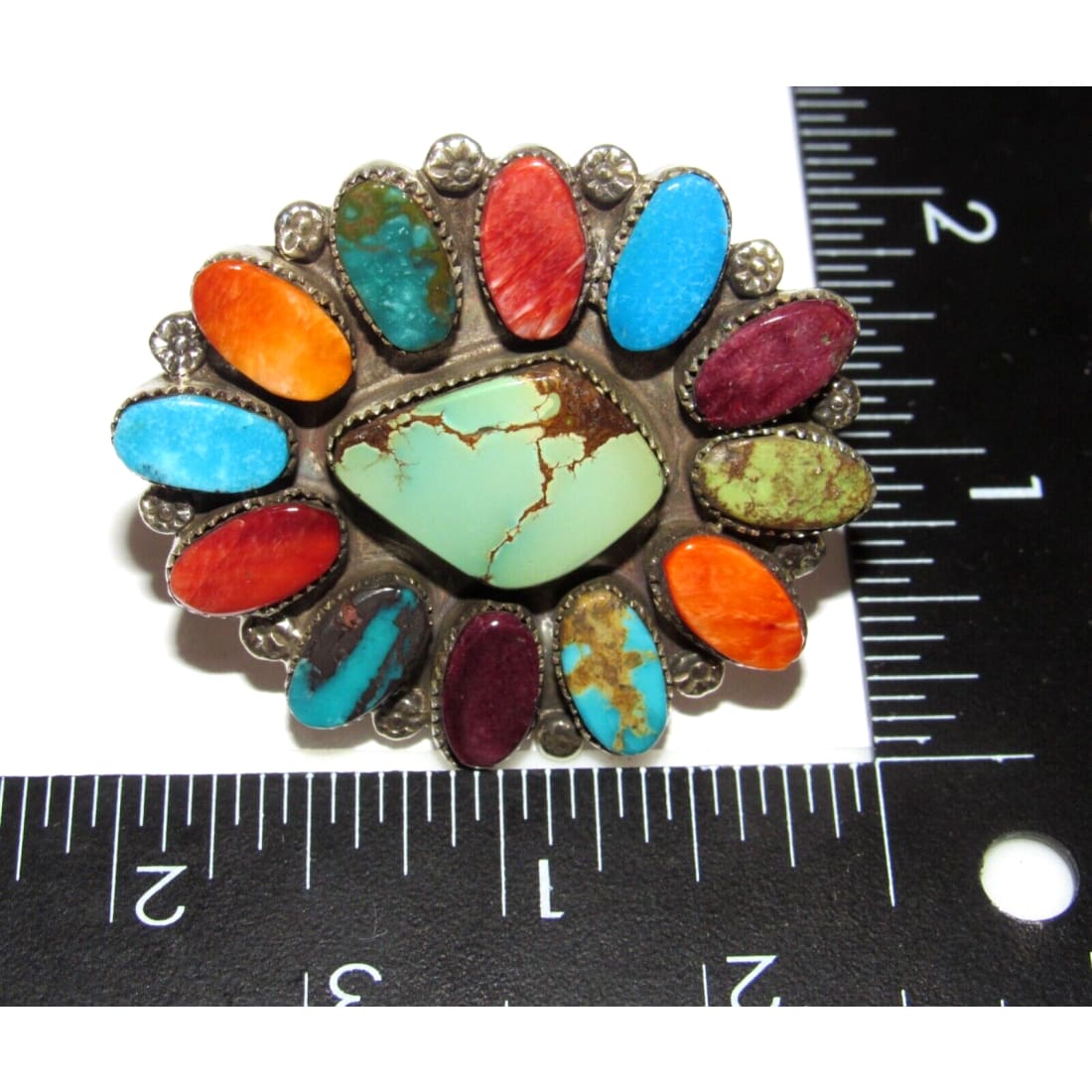 Massive Navajo Turquoise Red Purple Spiny Cluster Ring Sz 7 