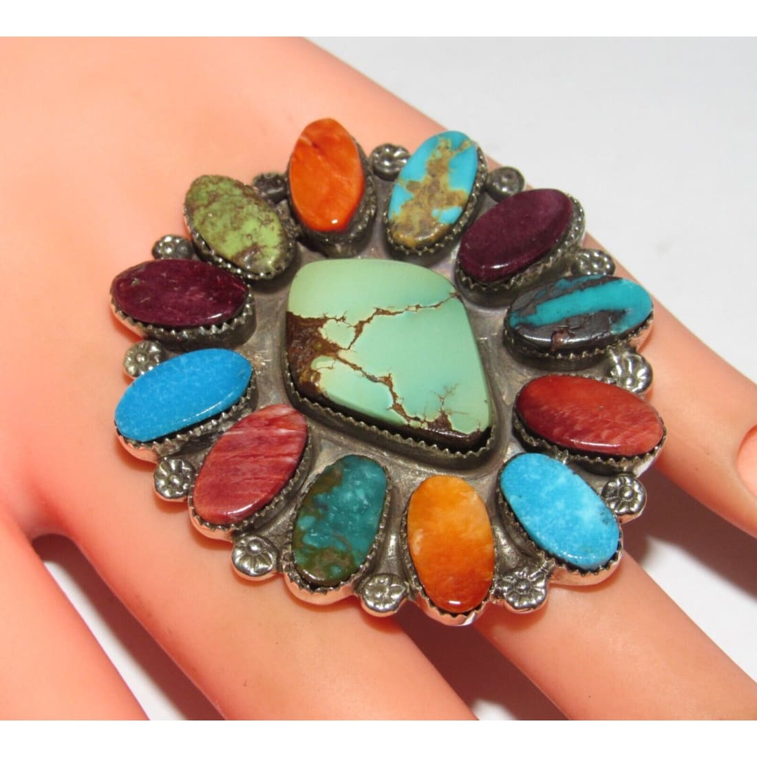 Massive Navajo Turquoise Red Purple Spiny Cluster Ring Sz 7 