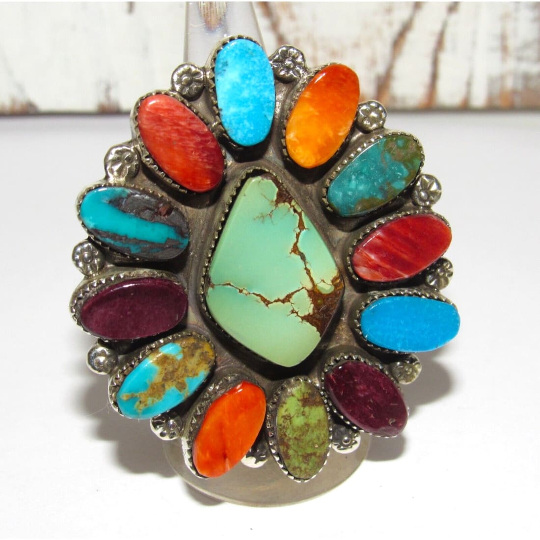 Massive Navajo Turquoise Red Purple Spiny Cluster Ring Sz 7 