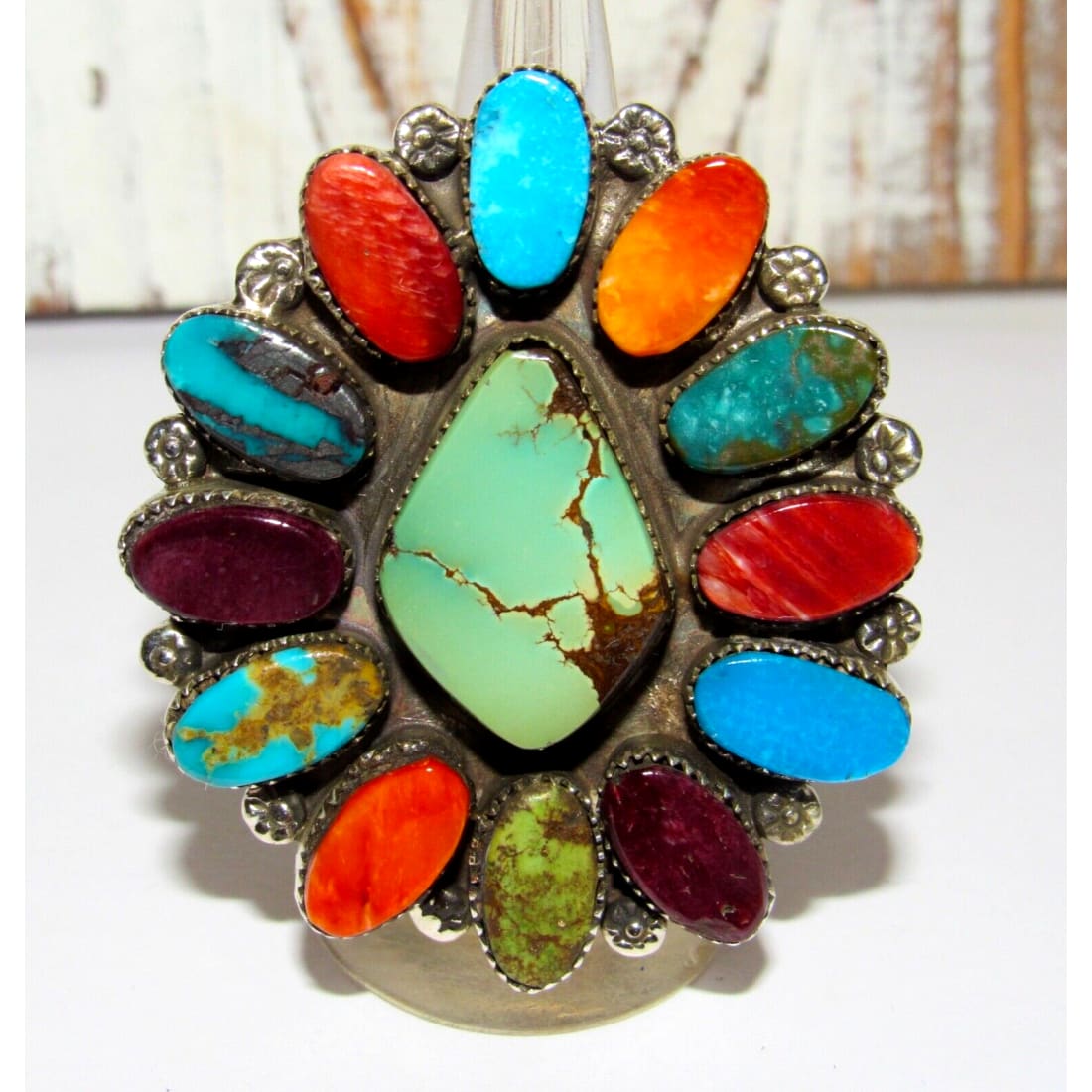Massive Navajo Turquoise Red Purple Spiny Cluster Ring Sz 7 