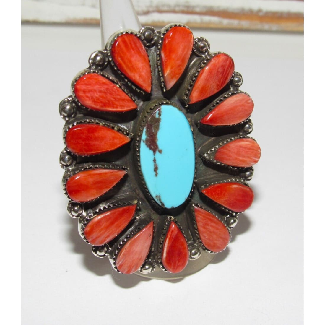 Massive Navajo Turquoise Red Spiny Cluster Ring Sz 7.5 