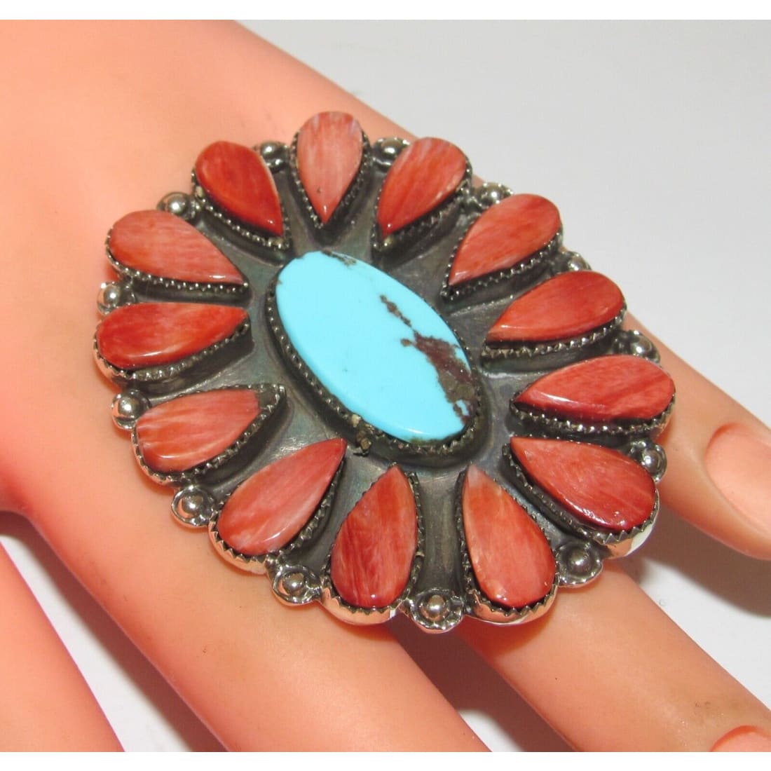 Massive Navajo Turquoise Red Spiny Cluster Ring Sz 7.5 