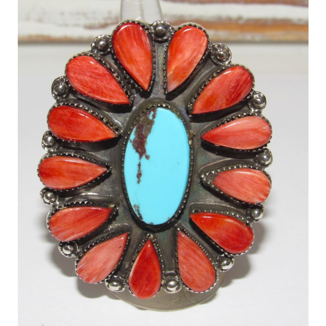 Massive Navajo Turquoise Red Spiny Cluster Ring Sz 7.5 