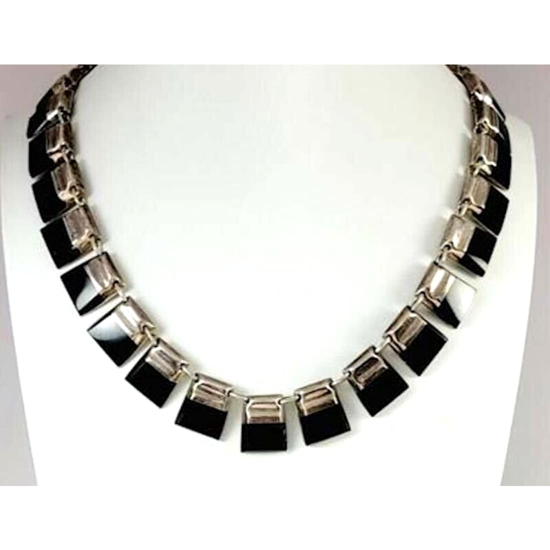 Mexican Taxco Necklace Sterling Silver Black Obsidian 16 
