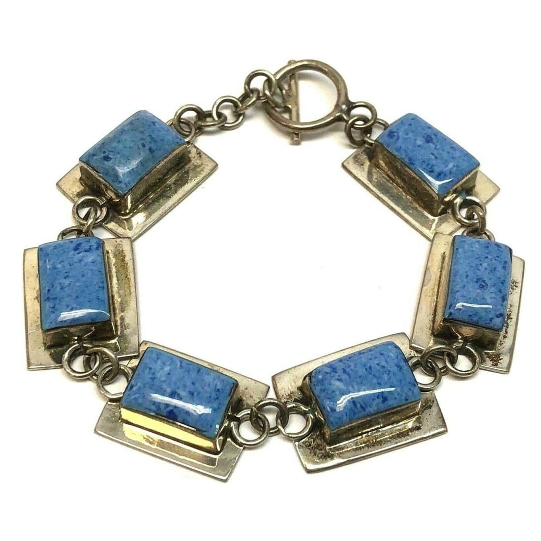 MOD Mexico 925 Sterling Silver Lapis Panel Link Bracelet 7.5" Wrist 42 Gr Lapis