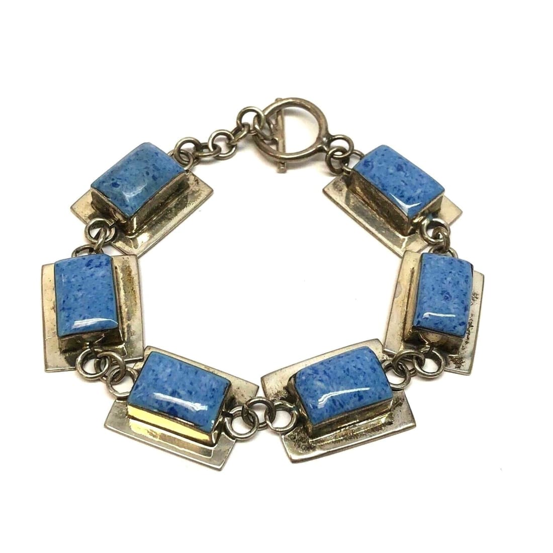 MOD Mexico 925 Sterling Silver Lapis Panel Link Bracelet 7.5" Wrist 42 Gr Lapis