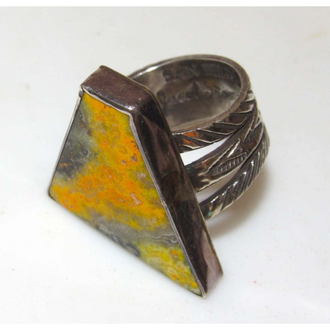 Native American Bumblebee Jasper Ring Sz 8 Signed Sterling 