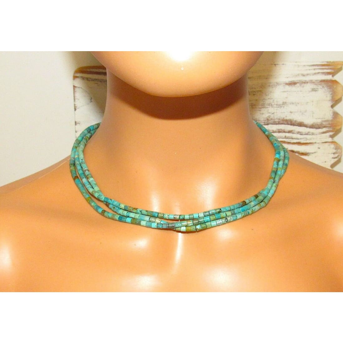 Navajo 3 Strand Rolled Turquoise Heishi Choker Necklace 18L