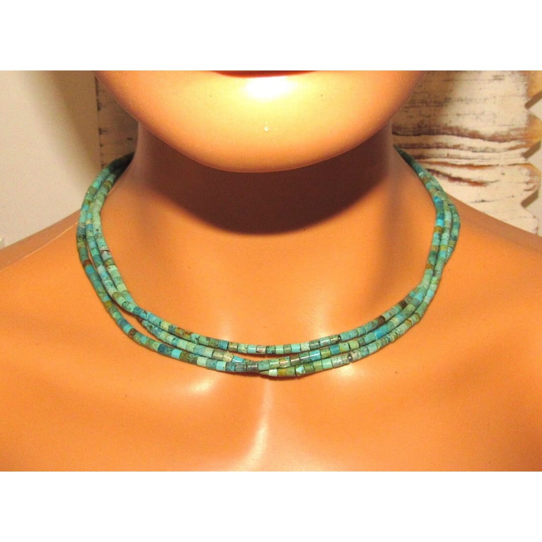Navajo 3 Strand Rolled Turquoise Heishi Choker Necklace 18L