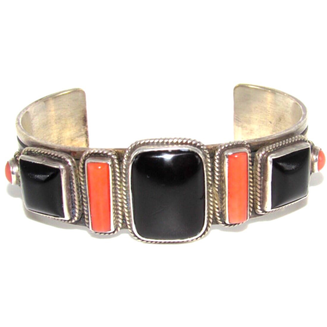 Navajo A Cadman & Kaizen Cuff Bracelet Black Jet Onyx Coral 