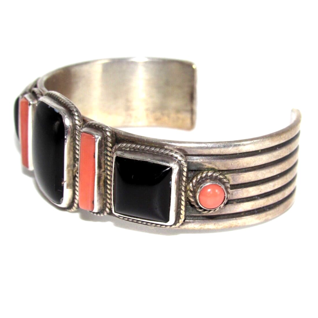 Navajo A Cadman & Kaizen Cuff Bracelet Black Jet Onyx Coral 