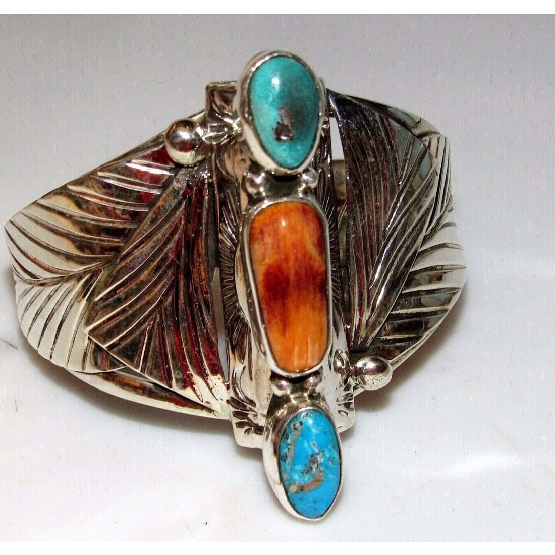 Navajo Adam Fierro Turquoise Spiny Oyster Sterling Cuff 