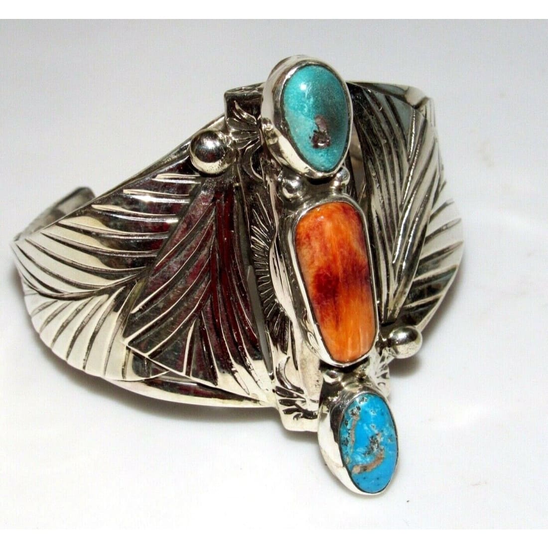 Navajo Adam Fierro Turquoise Spiny Oyster Sterling Cuff 