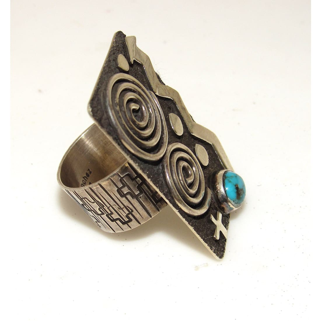 Navajo Alex Sanchez Ring Size 8 Sterling Silver Kingman Turquoise Petroglyph Design Statement Ring Native American The Southwestern Style Gallery