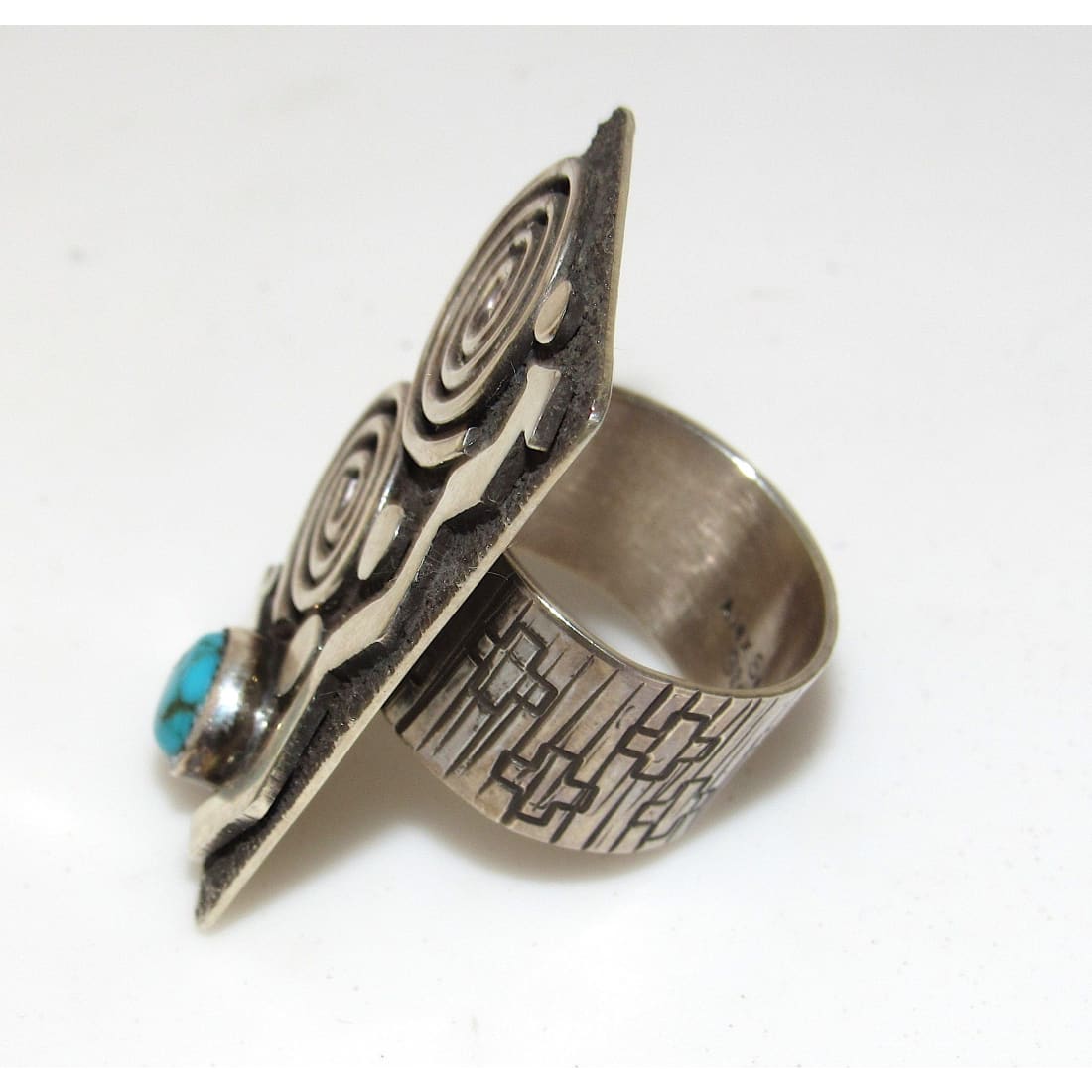 Navajo Alex Sanchez Ring Size 8 Sterling Silver Kingman Turquoise Petroglyph Design Statement Ring Native American The Southwestern Style Gallery