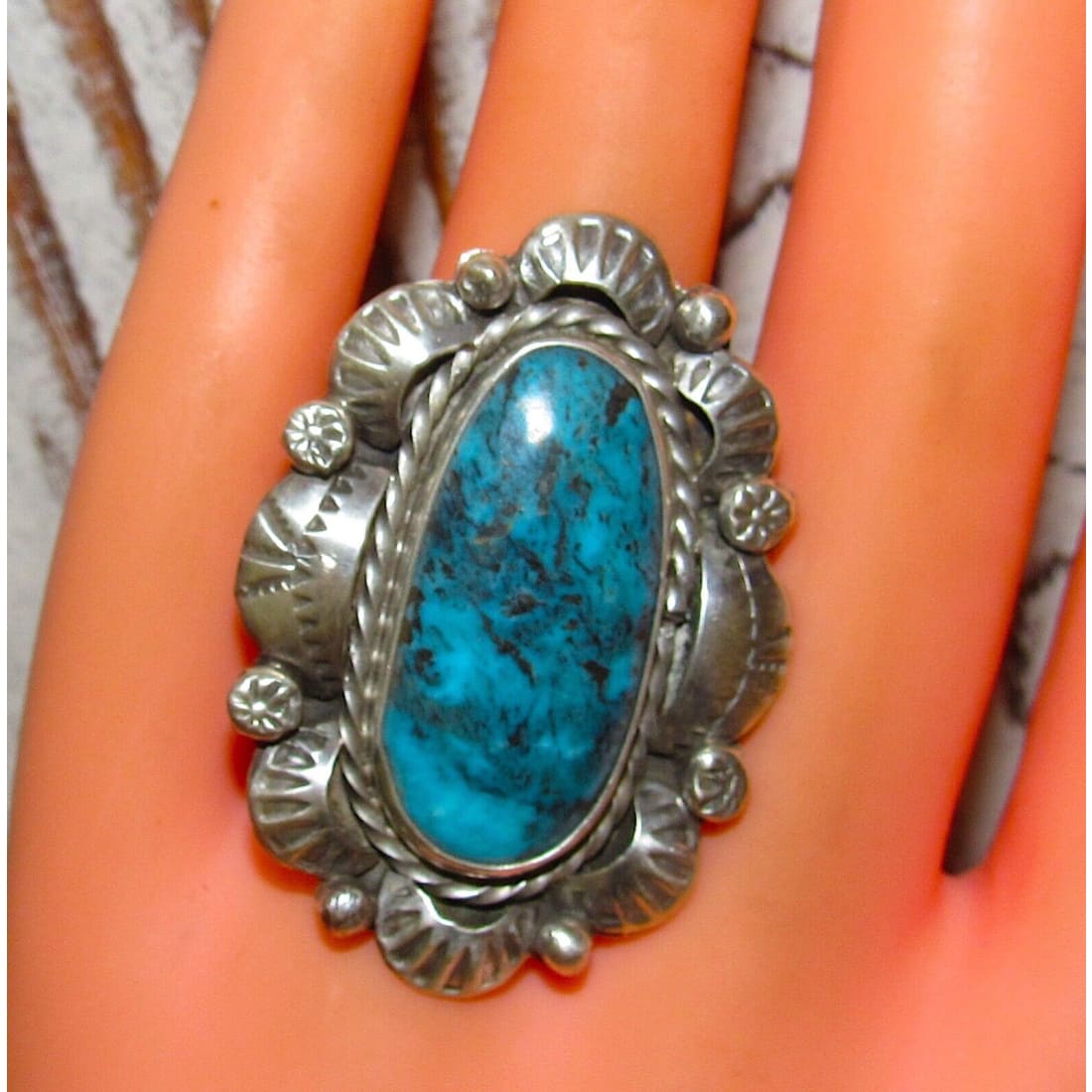 Navajo Blue Gem Mine Turquoise Statement Ring Sz 8.5