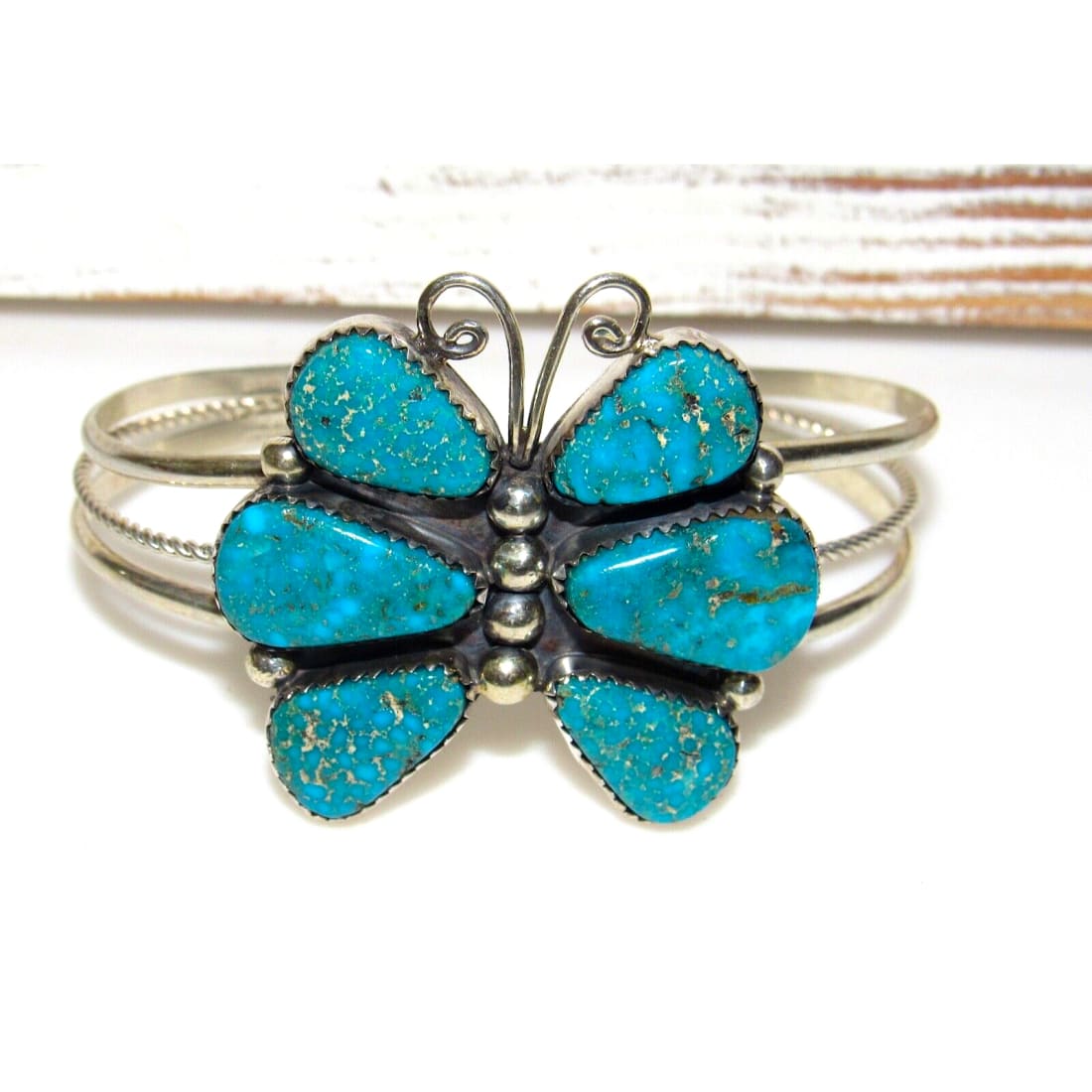Navajo Blue Gem Turquoise Butterfly Cuff Bracelet Sterling 