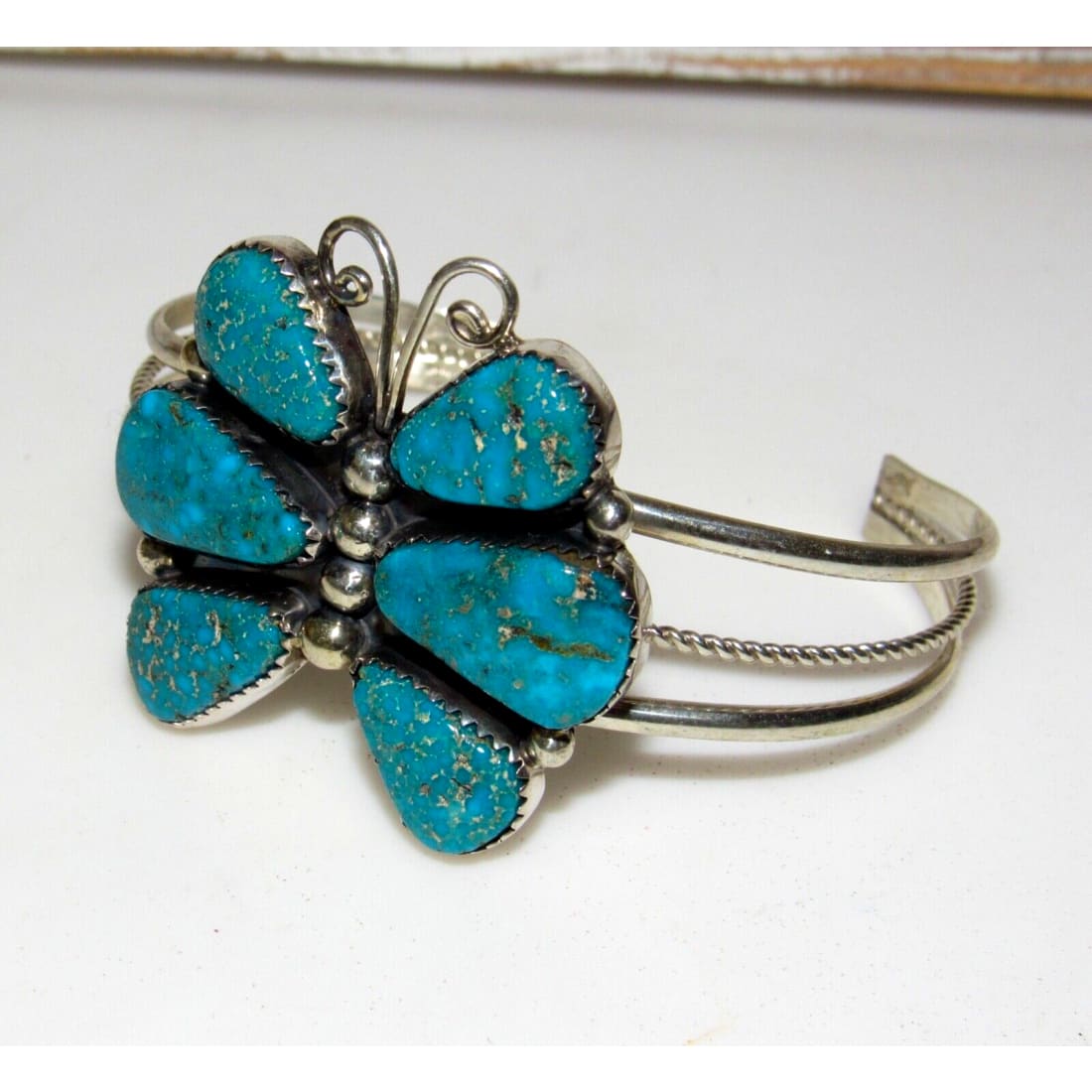 Navajo Blue Gem Turquoise Butterfly Cuff Bracelet Sterling 