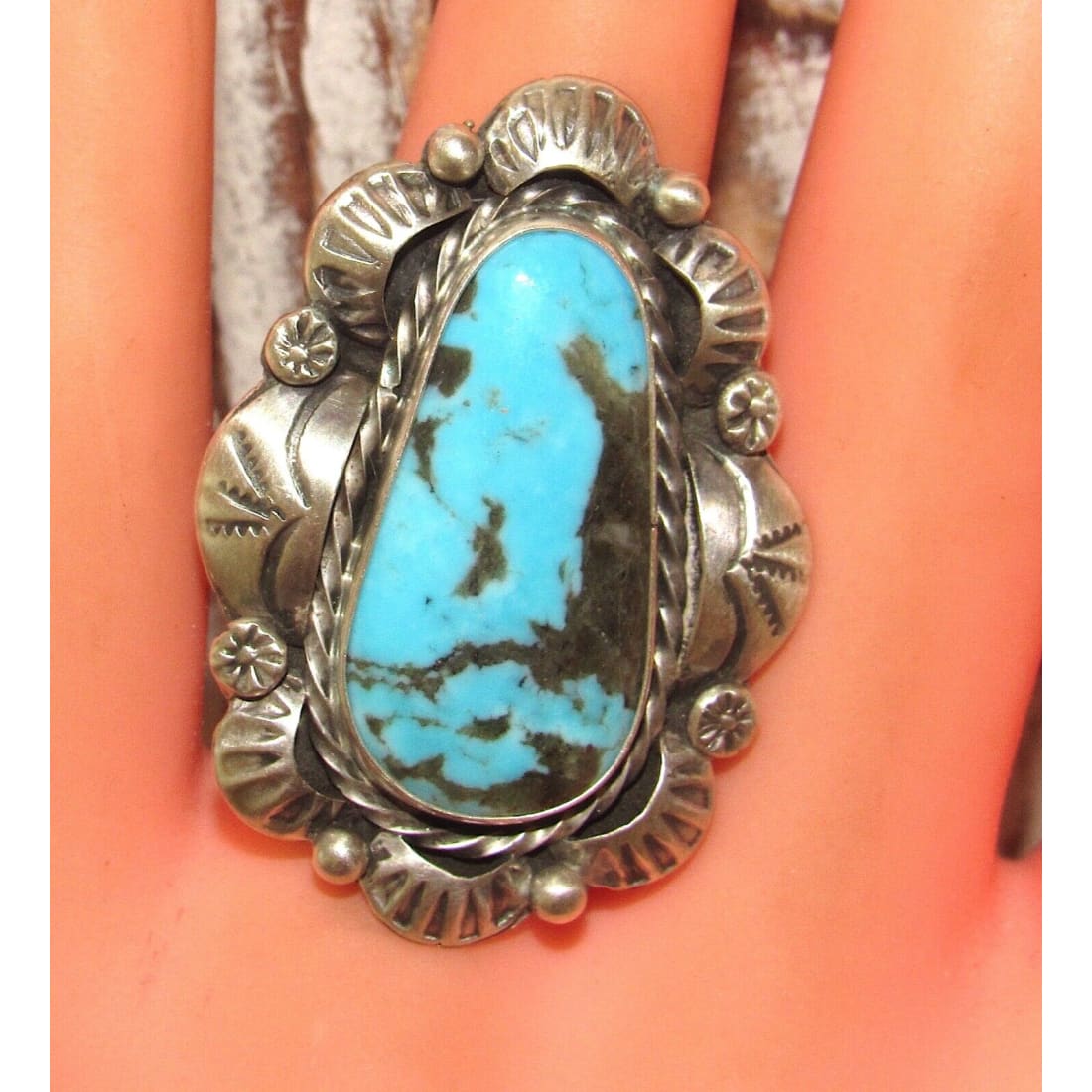 Navajo Blue Gem Turquoise Statement Ring Sz 8 Sterling 