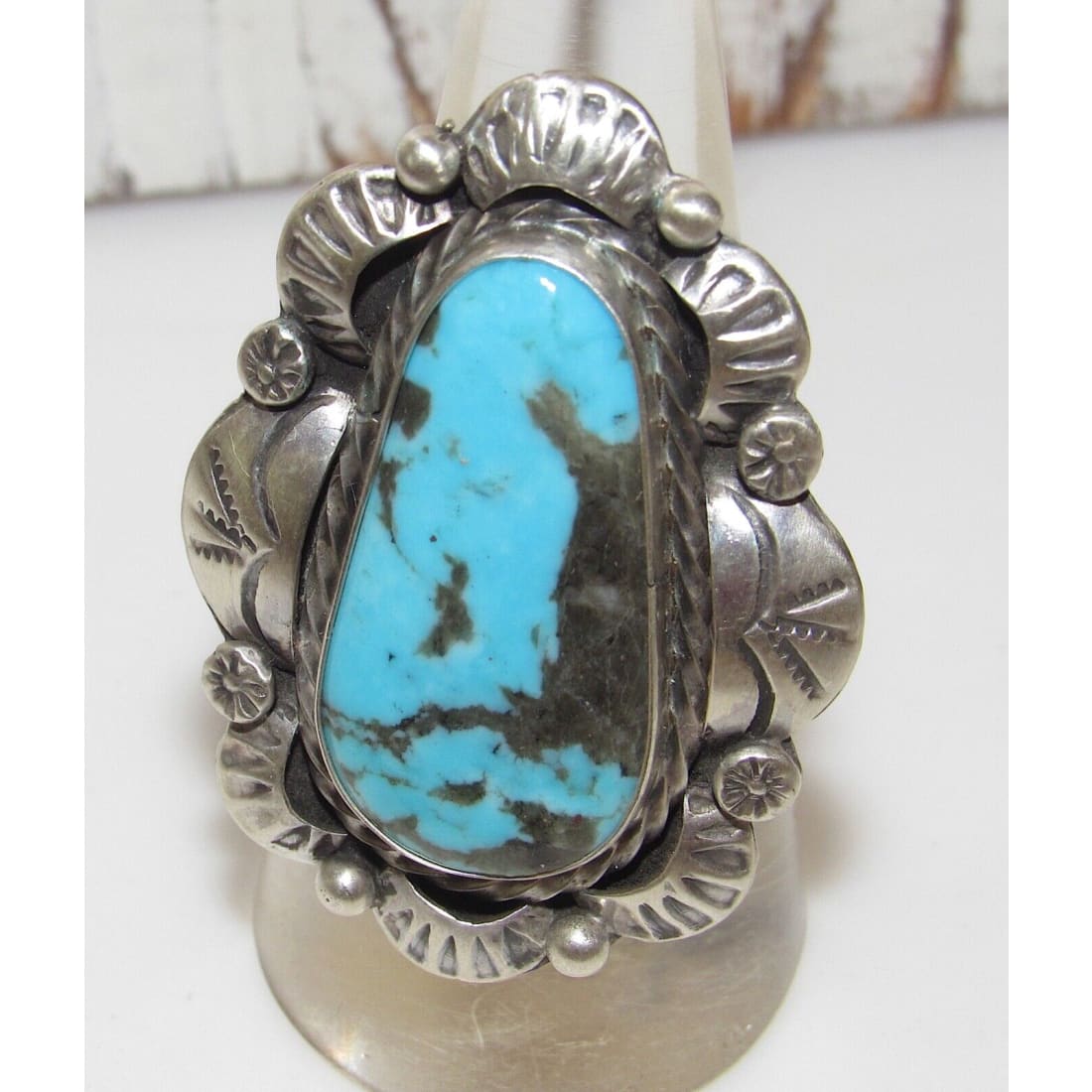Navajo Blue Gem Turquoise Statement Ring Sz 8 Sterling 