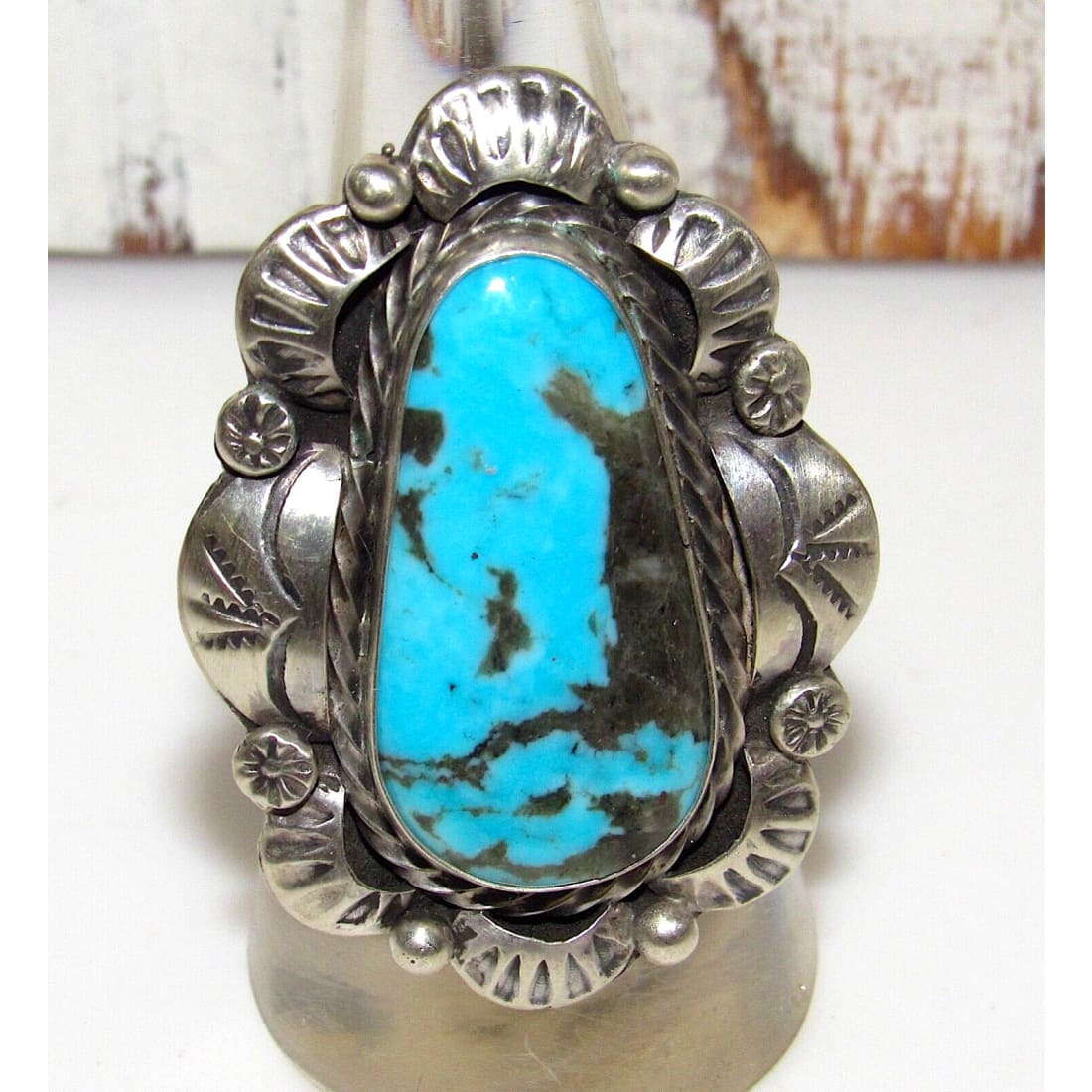Navajo Blue Gem Turquoise Statement Ring Sz 8 Sterling 