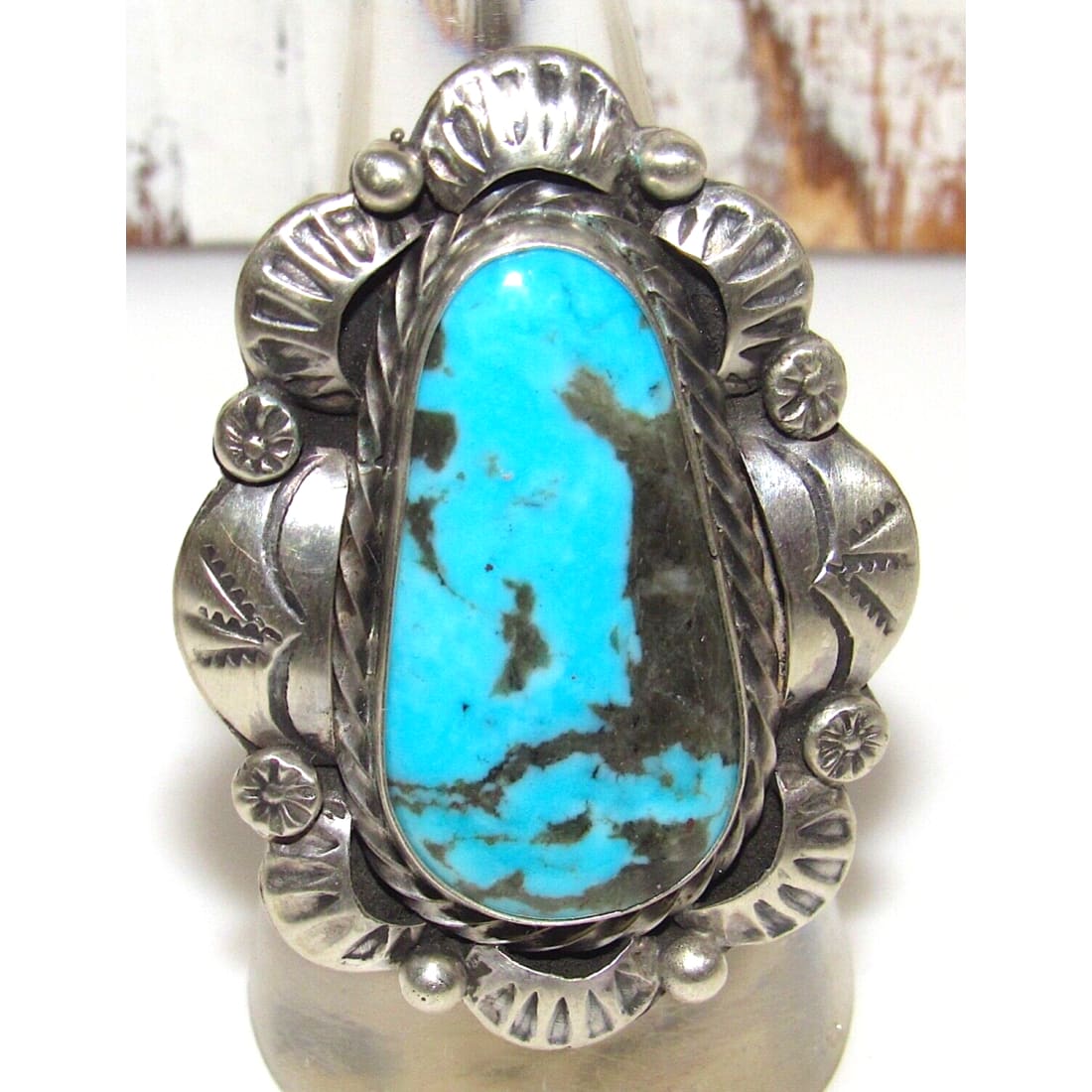 Navajo Blue Gem Turquoise Statement Ring Sz 8 Sterling 
