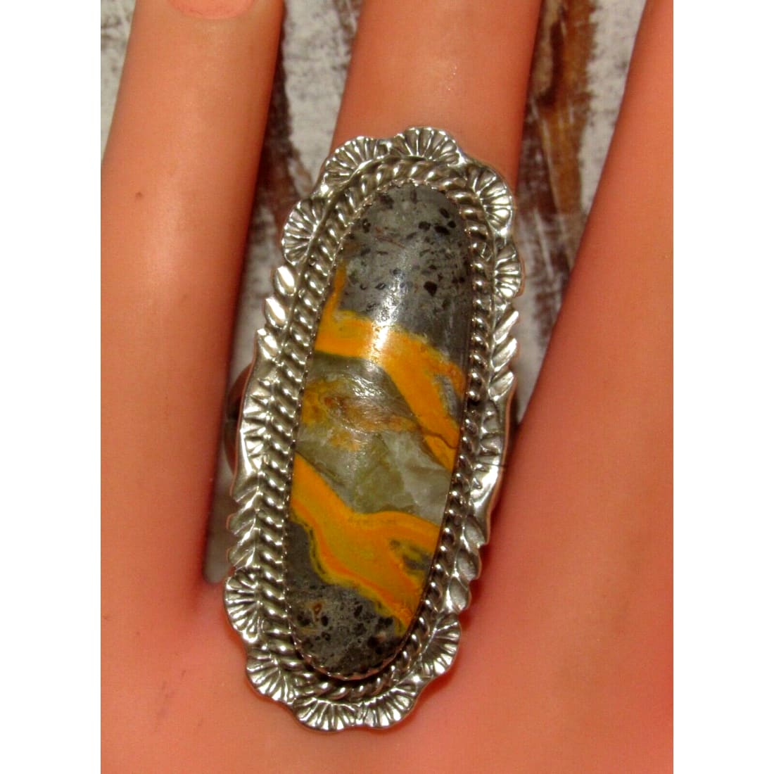 Navajo Bumblebee Jasper Ring Sz 9 Signed Sterling Silver 