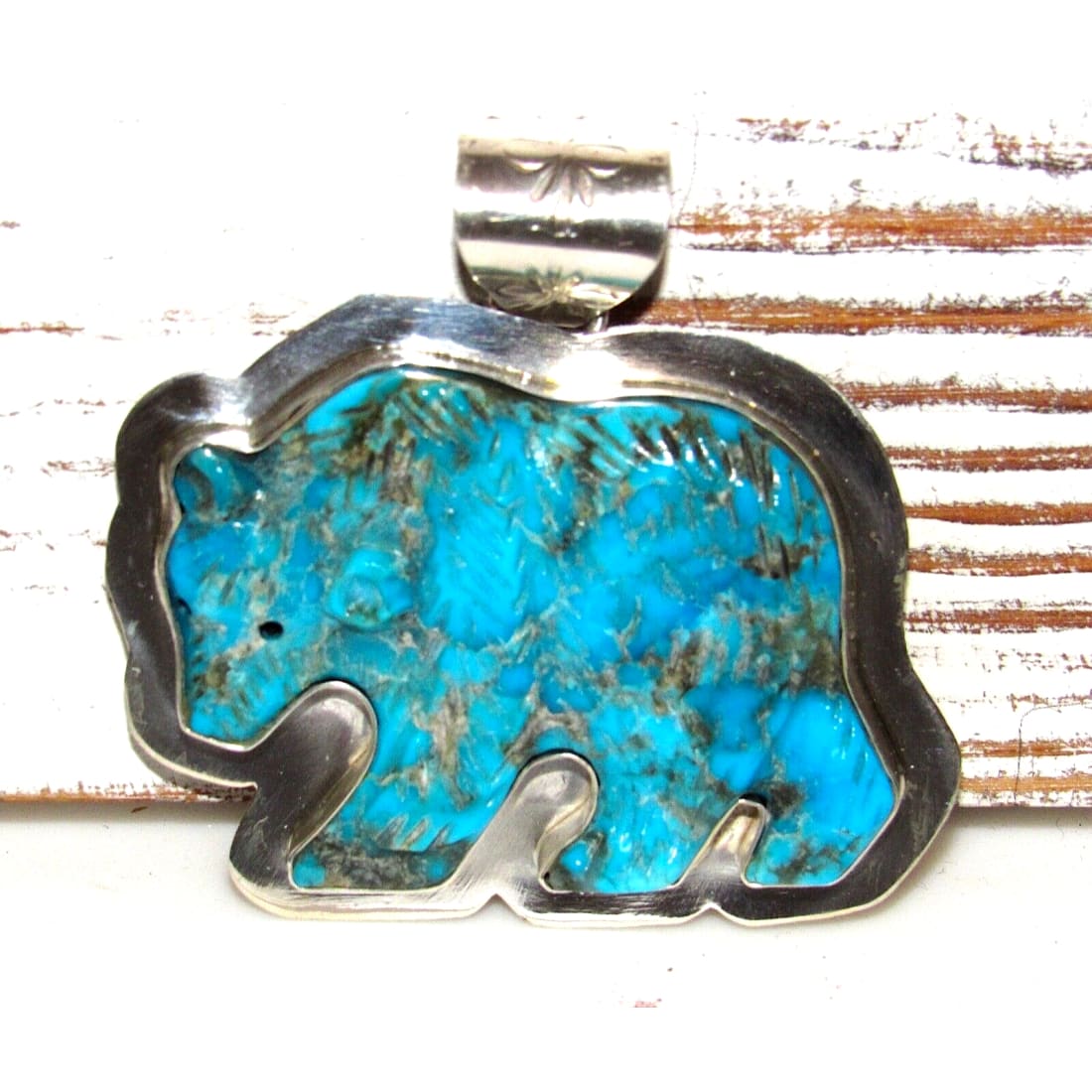 Navajo Carved Turquoise Bear Pendant Sterling Silver Native