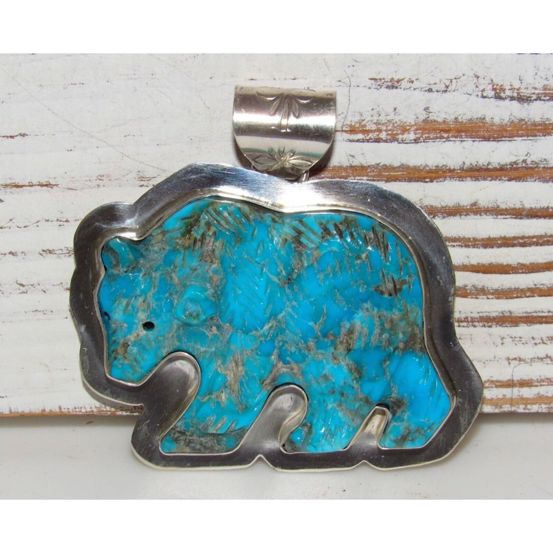 Navajo Carved Turquoise Bear Pendant Sterling Silver Native