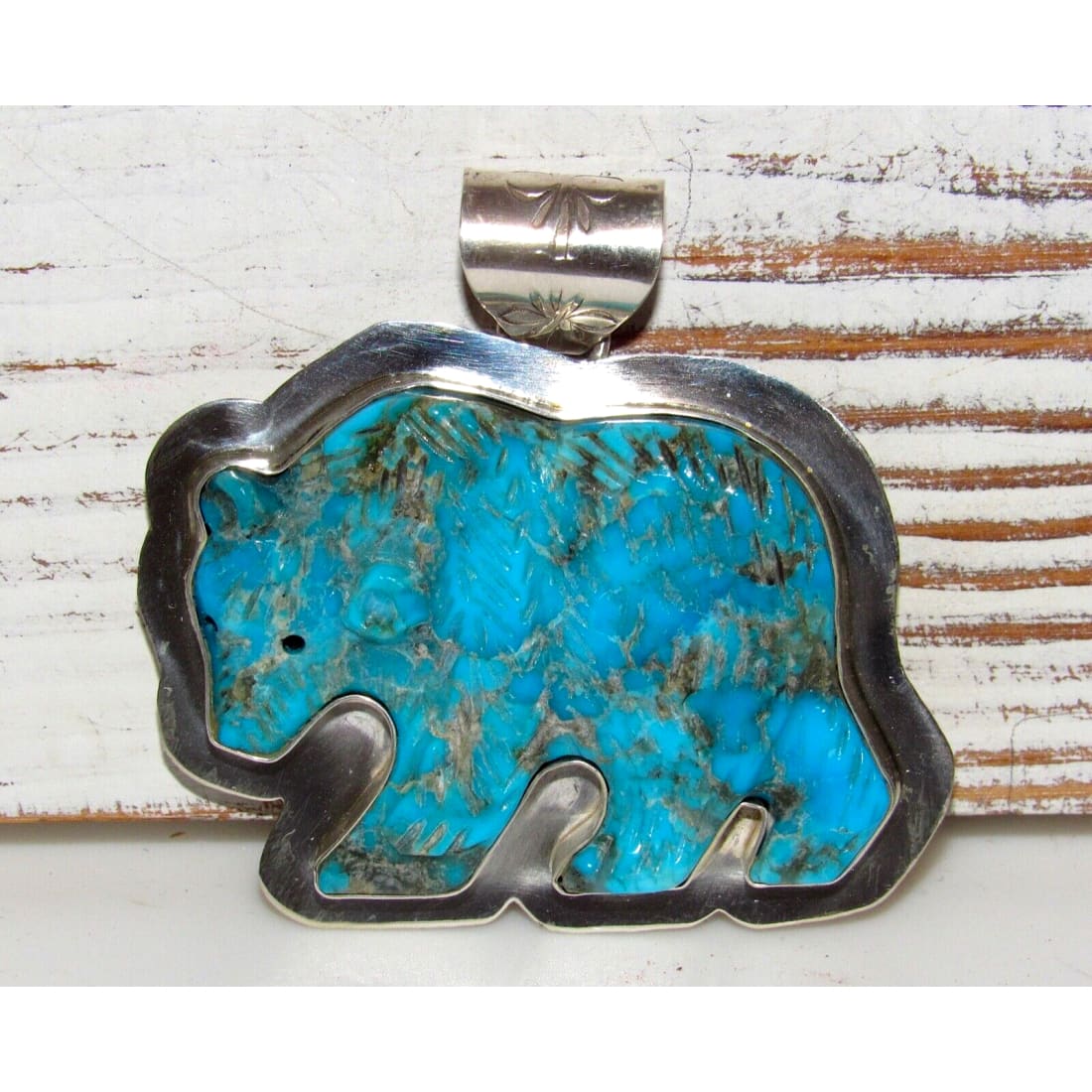 Navajo Carved Turquoise Bear Pendant Sterling Silver Native