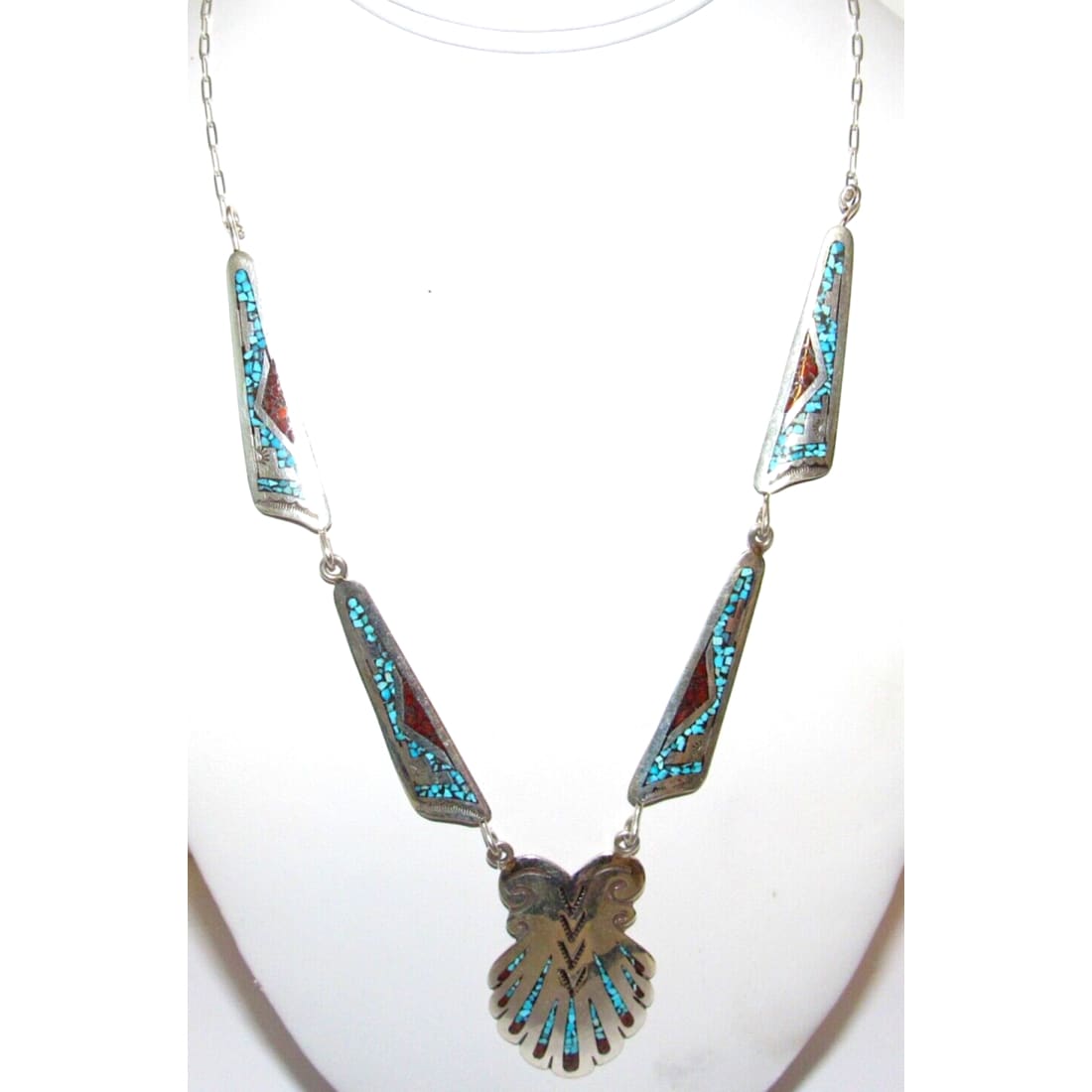 Navajo Charlie Singer Turquoise Coral Inlay Necklace Native