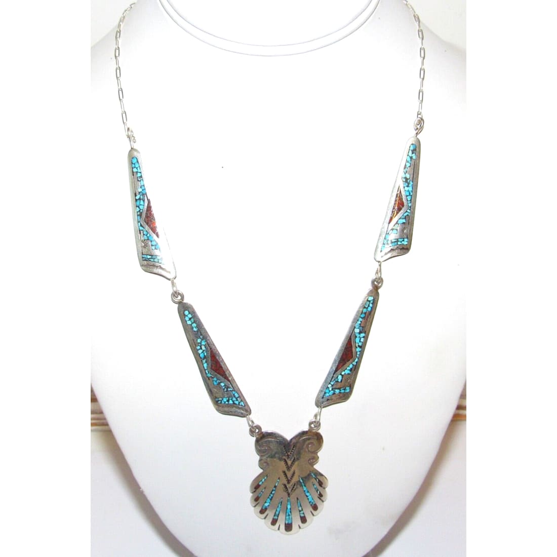 Navajo Charlie Singer Turquoise Coral Inlay Necklace Native