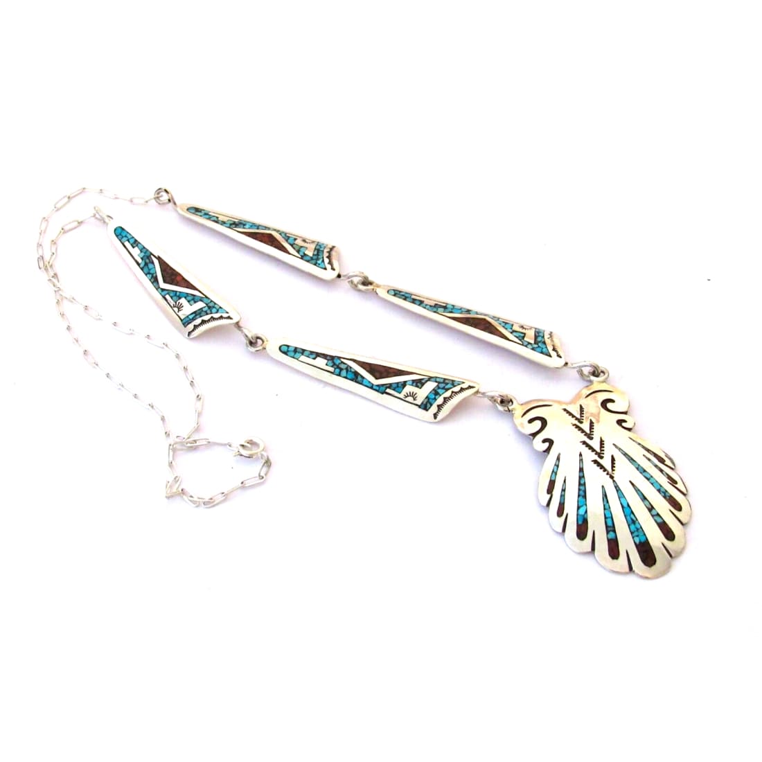 Navajo Charlie Singer Turquoise Coral Inlay Necklace Native