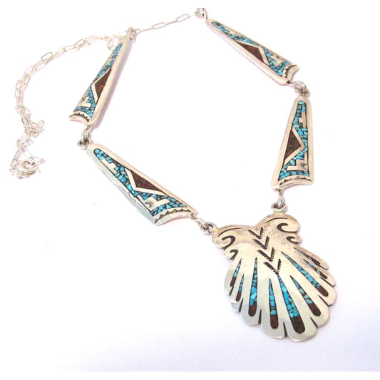 Navajo Charlie Singer Turquoise Coral Inlay Necklace Native